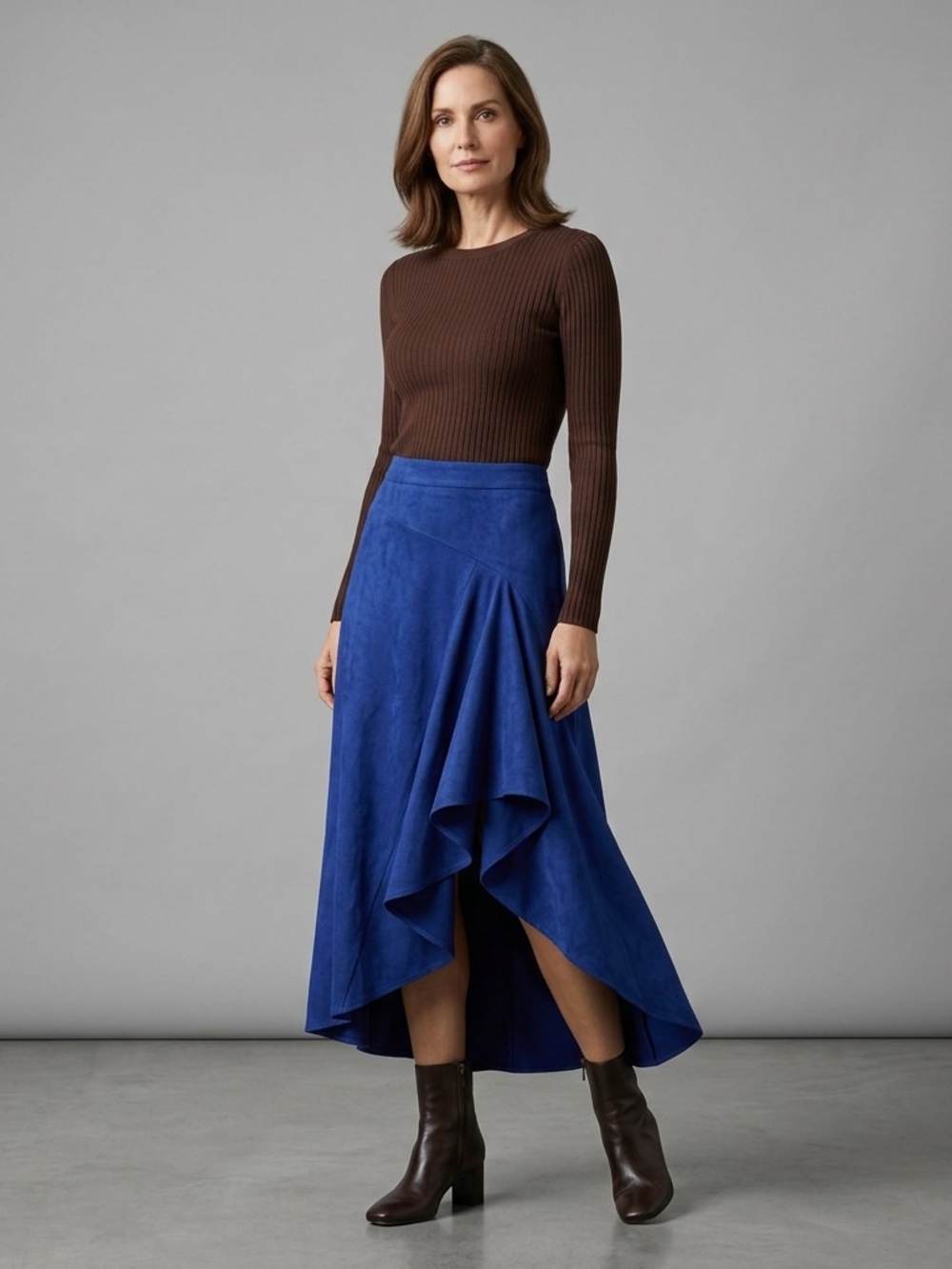 Line & Dot Sina Womens Small Ruffle Midi Skirt Asymmetric Cascade Colbat Blue